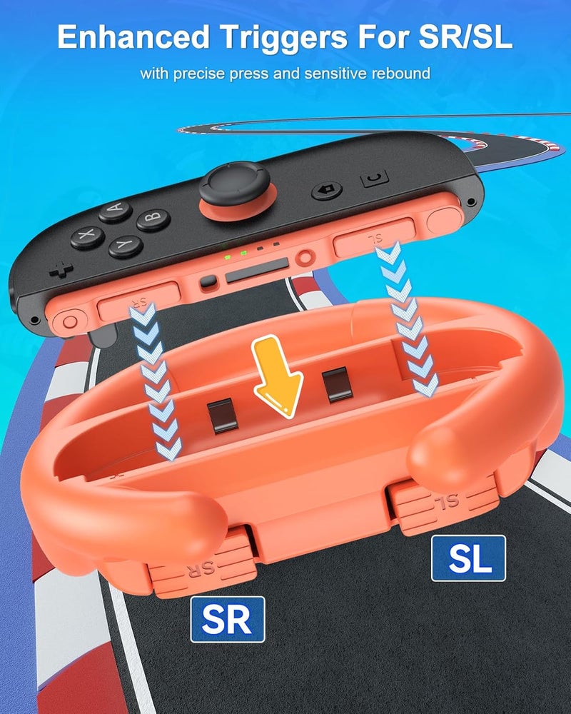 FYOUNG [Both for Switch 2 and 1] Steering Wheel Grip for Nintendo Switch 2/1/OLED Controllers, Ergonomic Racing Accessories for Joy con and for Joycon 2, for Mario Kart 8 Deluxe Switch Games-Orange Blue - Image 3
